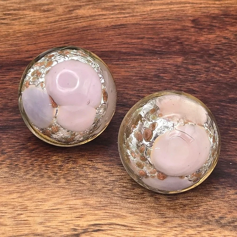 Vintage Pink‎ Glass Foil Aventurine Dome Clip On Earrings Gold Tone Mid Century